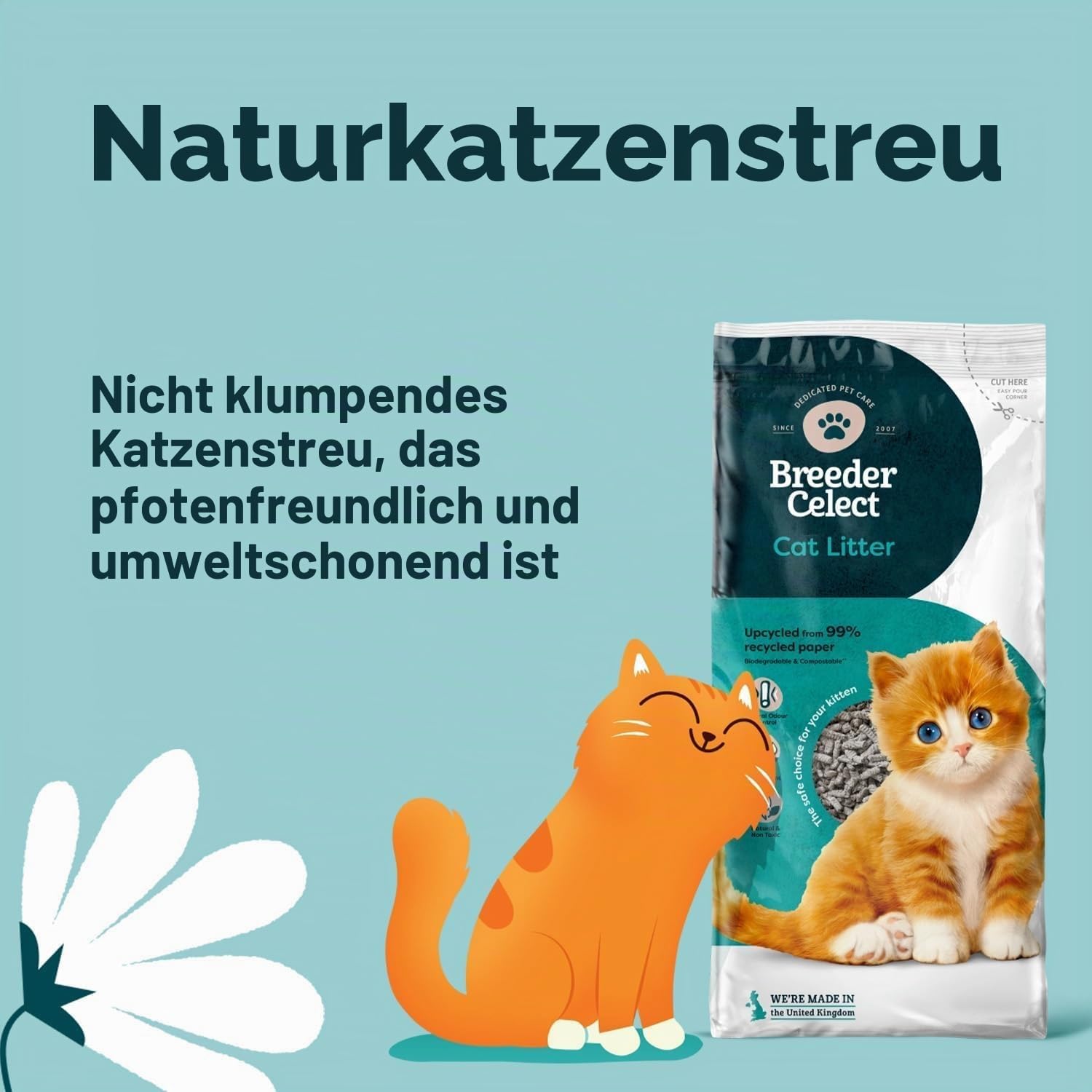 Breeder Celect All-Natural Katzenstreu (35L) - 99% recyceltes Papier, hochsaugfähiges Kätzchen-Katzenstreu, hervorragende Geruchskontrolle, Nicht klumpend, biologisch abbaubar & kompostierbar
