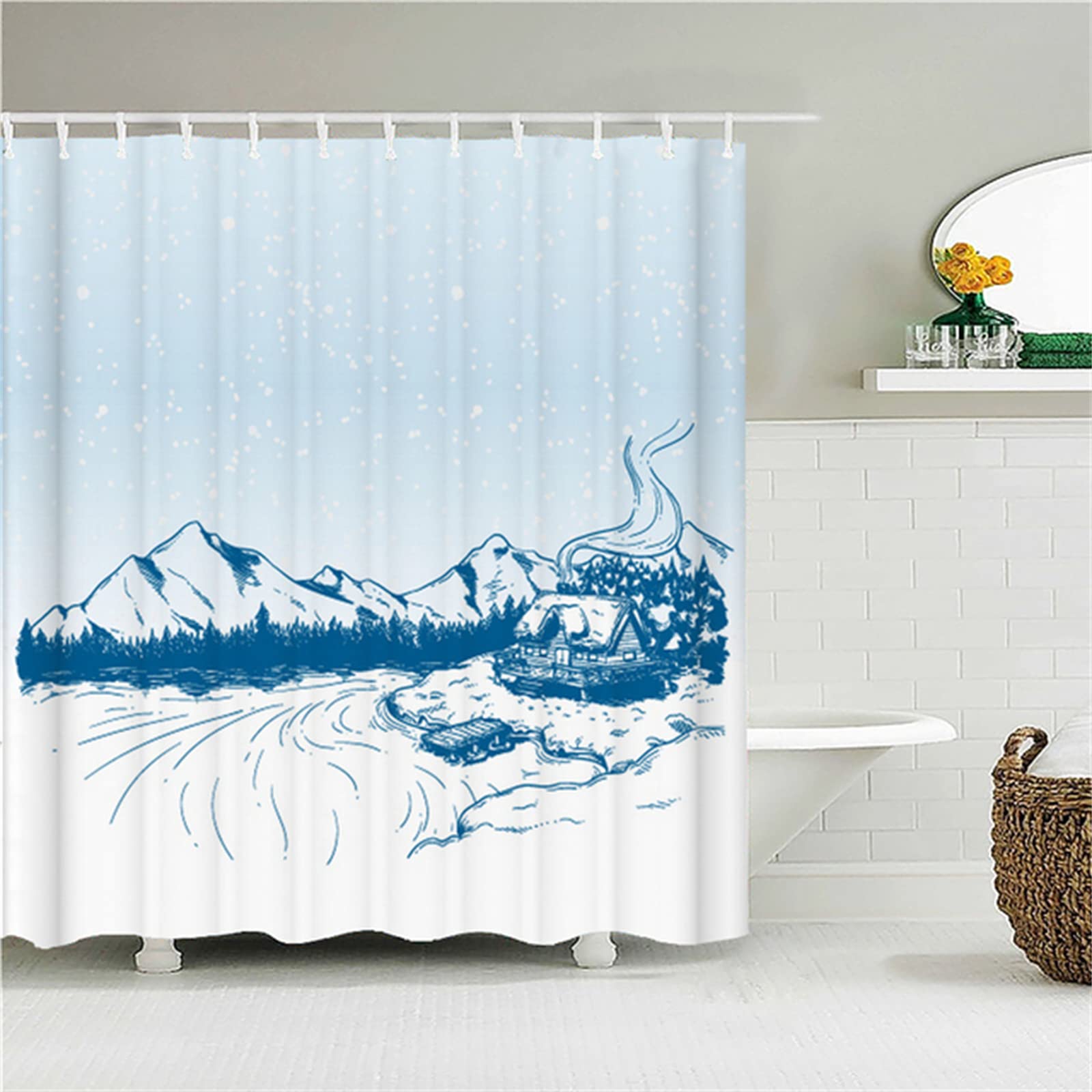 Cortinas de Ducha 180x180cm 3D Cortina de Baño Anti Moho Cortinas de Baño Antimoho Impermeable Lavables Textil de poliéster con 12 Ganchos para Cortinas Bañera y Baño Decorar Cortijo Blanco Azul