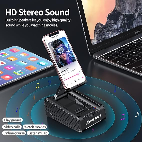 JTEMAN Cell Phone Stand with Wireless Bluetooth Speakers,HD Sound and Bass Bluetooth Speaker Compatible with All Mobile Phones