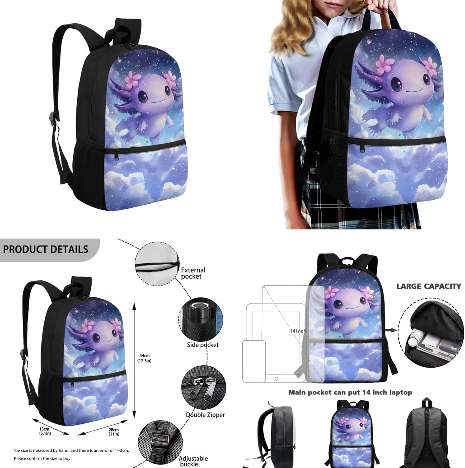 Galaxy Axolotl Backpack for Girls Kids Backpack with Lunch Box Water Bottle Carrier and Big Pencil Case 4PCS Set Bookbag with Front Pocket for School 17 inch Lightweight Elementary School Bag
