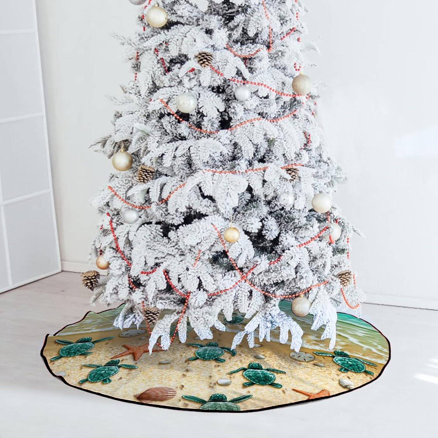 M YESCUSTOM Sea Turtle Christmas Tree Skirt Beach Xmas Tree Mat Starfish Conch Shell Farmhouse Rustic Party Home Decoration Halloween Happy New Year Holiday Indoor Outdoor Ornaments 48 Inches