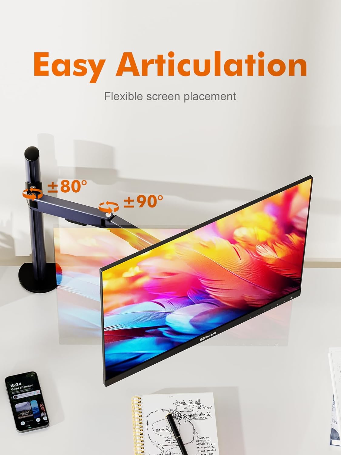 Diagram showing monitor arm articulation with ±80° swivel and ±90° tilt.