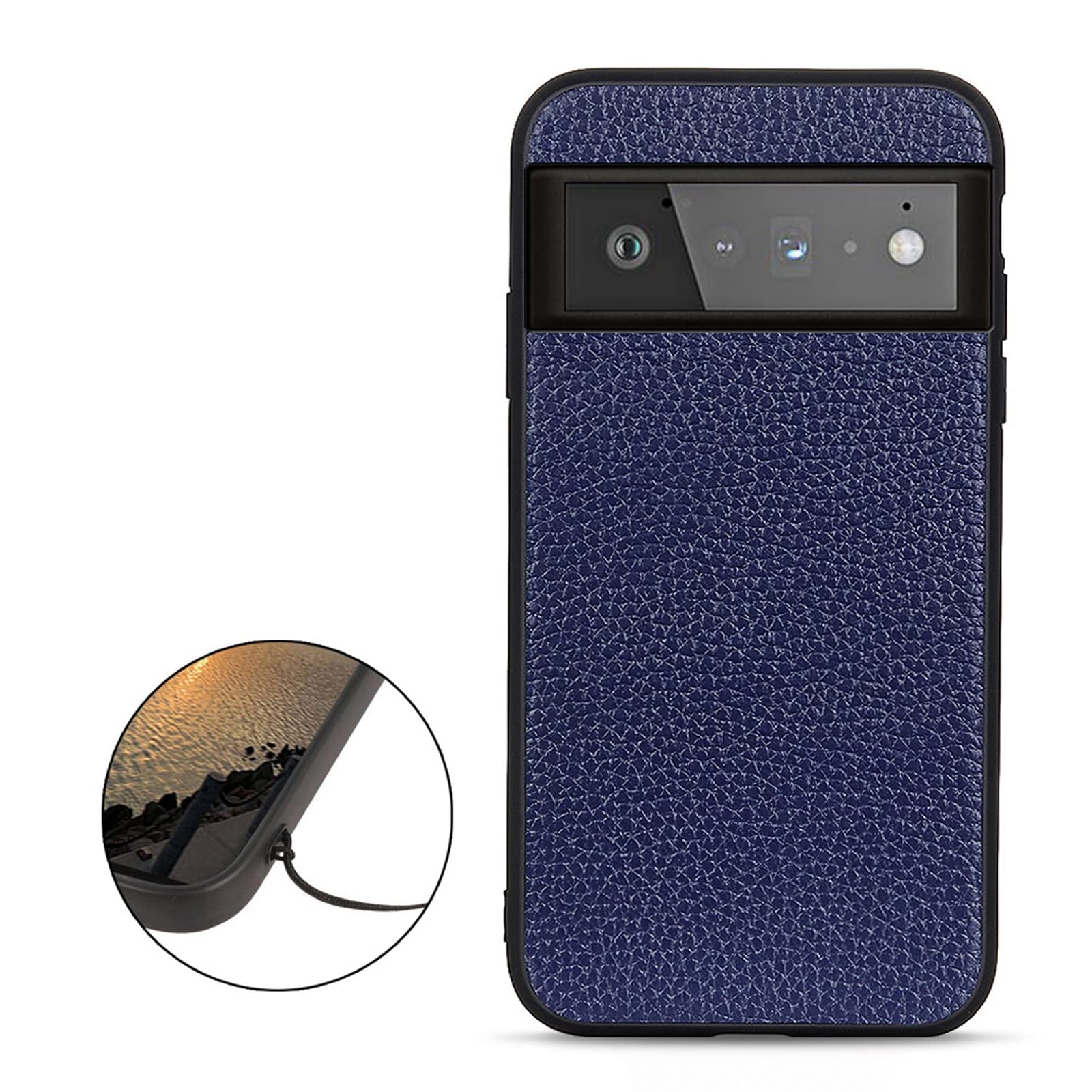 Coque pour Google Pixel 6/6 Pro, Ultra Mince Vachette Étui Arrière Housse Peau Vache Haute de Gamme Antichoc Case,Bleu,6 6.4"
