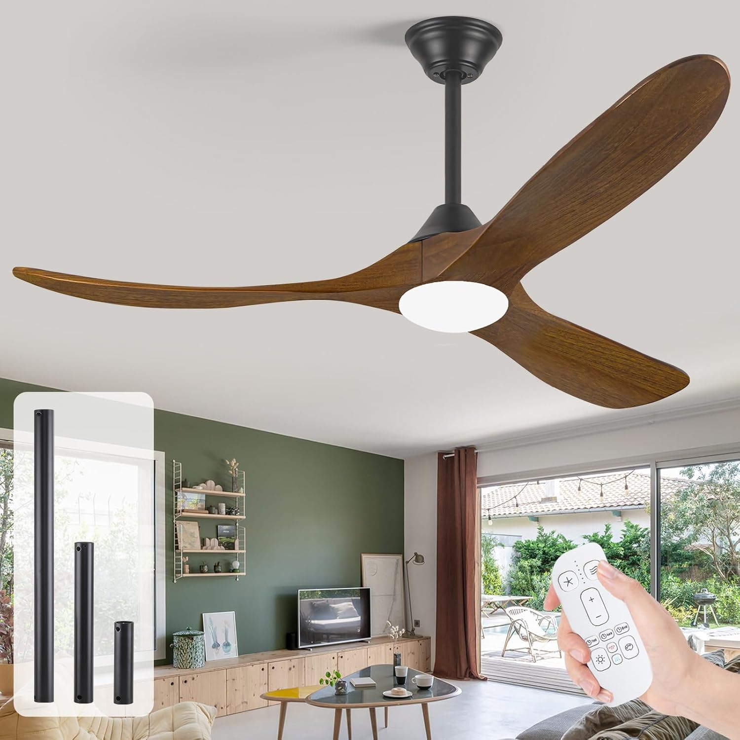 Outdoor Ceiling Fan with Light, 52 Inch Wood Ceiling Fan for Patio & Indoor Use, Farmhouse & Modern Style, Quiet DC Motor, 3 Color Temps, Dimmable, Damp-Rated – Includes Remote & 3 Downrods