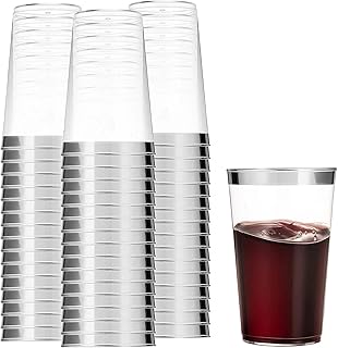 Munfix 100 Silver Plastic Tumblers - 14 Oz Clear, Elegant Party Cups with Silver Rim, Perfect for Weddings and Events