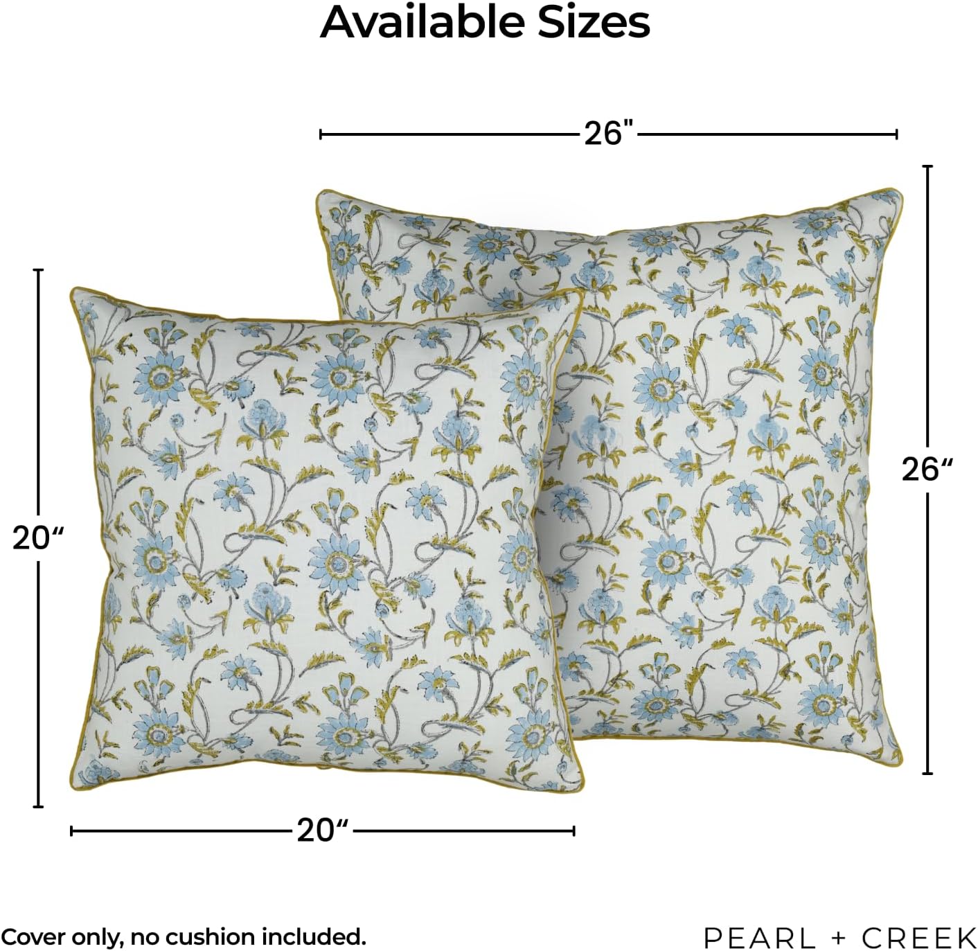 Emma Floral Throw Pillow Cover 20x20 – Floral White Cotton Block Print with Green Piping – Botanical Pillow Cover for Sofa, Couch, Cottagecore or Farmhouse Décor 1pc