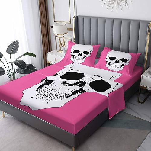K1-&-359 - Juego de sábanas con diseño de calavera tamaño California King, color rosa intenso gótico, sábanas y fundas de almohada, 4 piezas, sábana