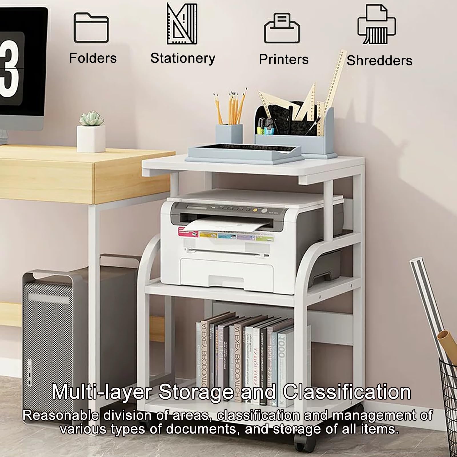 Carrello Per Stampante 4 Ripiani - Mobile Con Ruote Per Ufficio E Casa, Nero - Foto 13