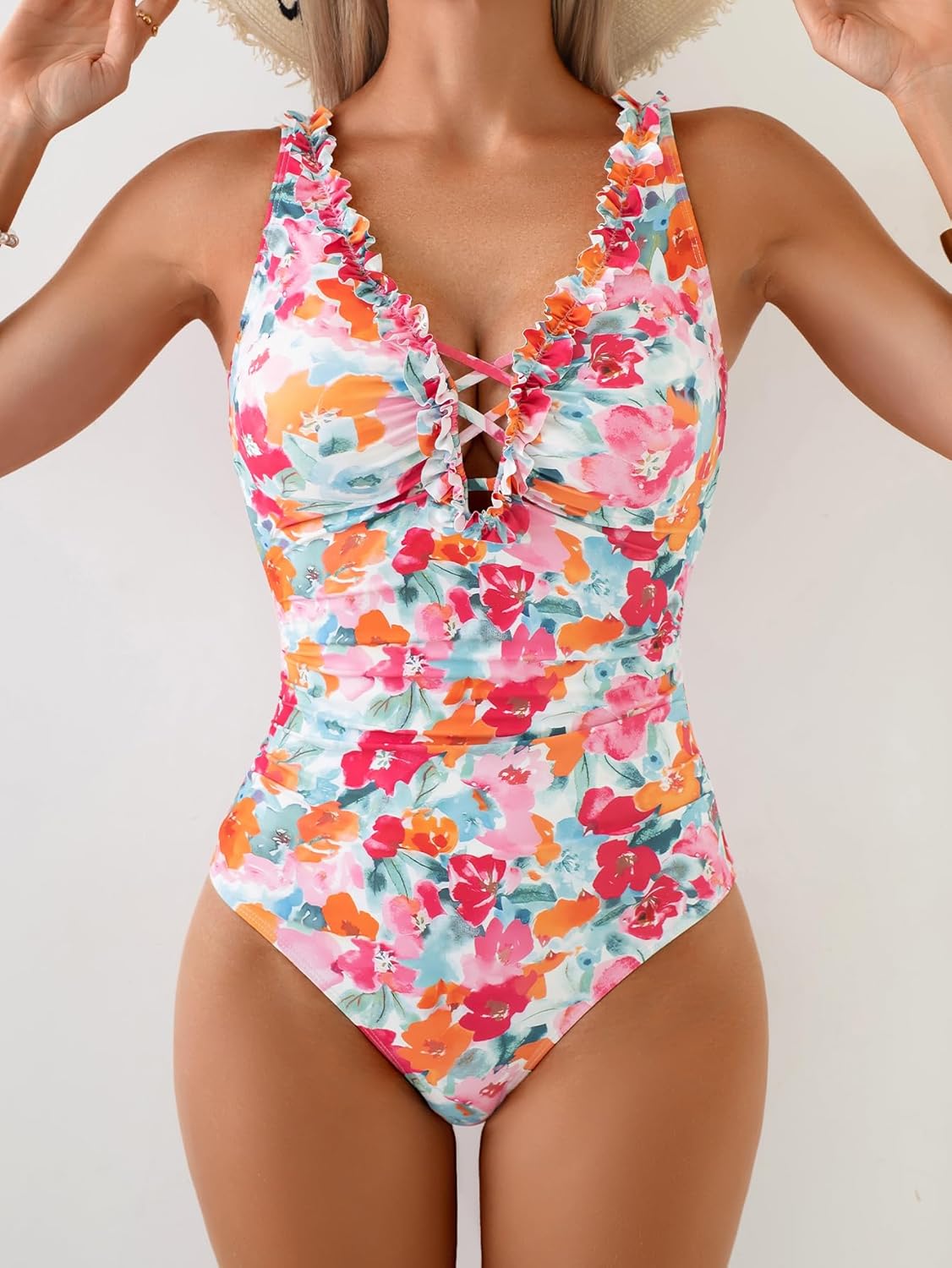 Aidonger One Piece Ruffled Plunge V Neck Bathing Suit for Women Tummy Control Swimsuit Sexy Lace Up Swimwear