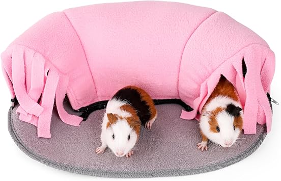 Guinea Pig Tunnel, 2-Way Tunnel for Guinea Pig, Hamster and Other Small Pets, Zip Design for Use and Storage, Pure Pink and Grey