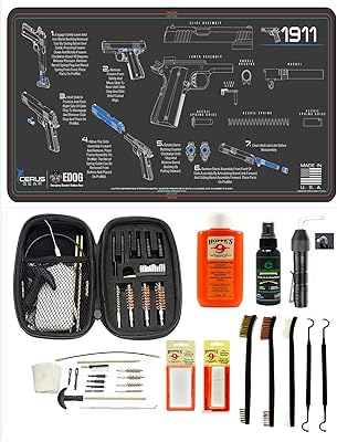 EDOG 29 Pc Pistol Cleaning System - Compatible with 1911 - Instructional Step by Step Pistol Mat, Range Warrior Universal .22 9mm - .45 Kit & Clenzoil CLP & Gun Oil & Patchs