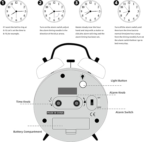Miniatura 6 de Alarma ruidosa para personas que duermen profundamente, 4 pulgadas, retro y a la moda, reloj despertador con campana doble con luz de fondo para