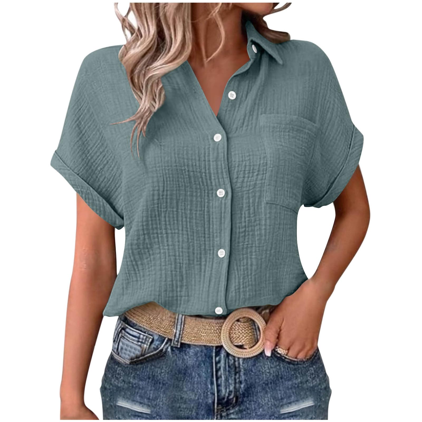 AEGJEGVD Musselin Damen Blusen Elegant Shirt Kurze Ärmel Bluse Mit Kragen Knopfleiste Formelle Arbeitskleidung Lässige Hemden Leinenbluse Flowy Locker Blusen Atmungsaktive Sonnenschutz Oberteil
