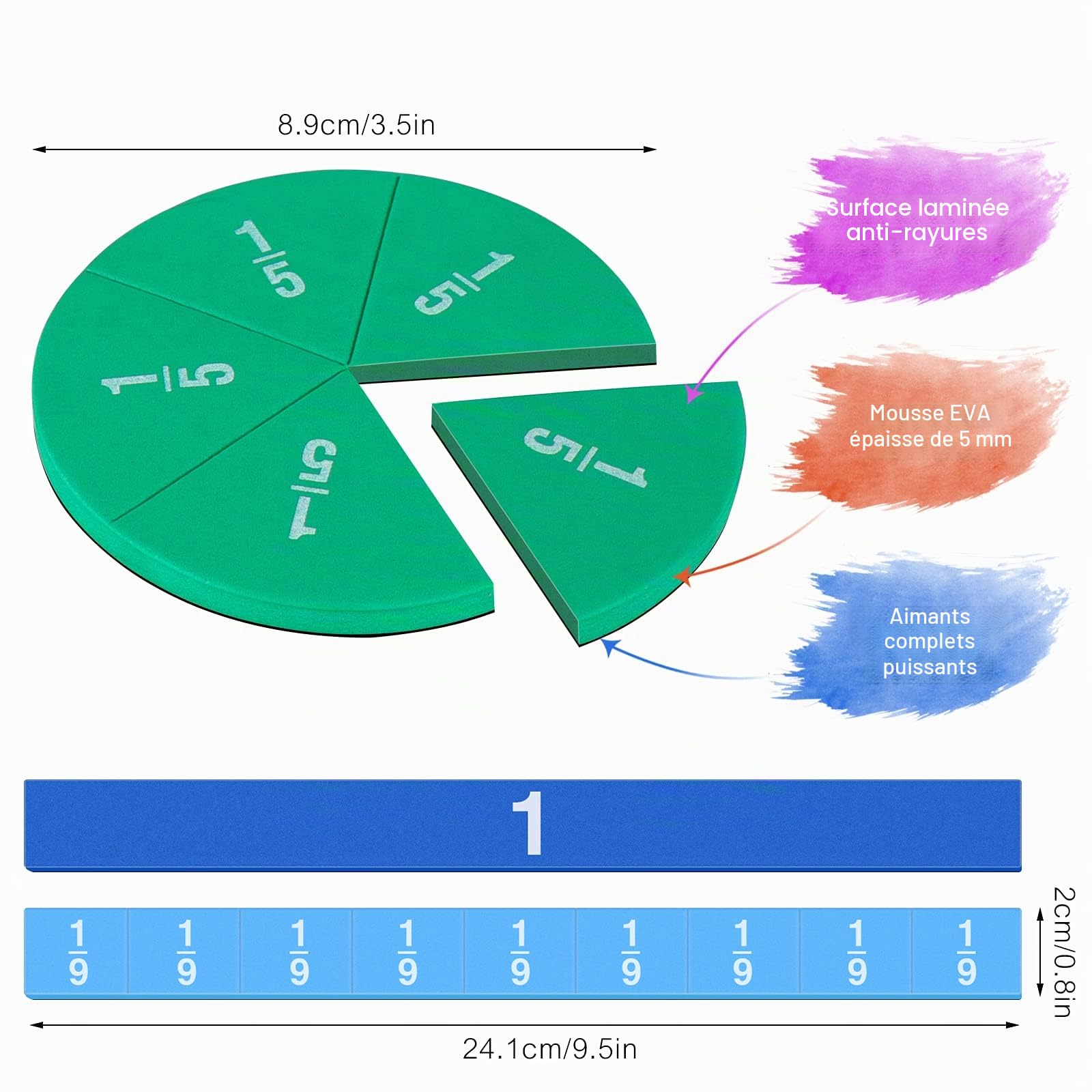 Meetory Lot de 134 tuiles magnétiques et cercles de fraction éducatives pour apprendre les mathématiques à l’école primaire idéal pour salle de classe