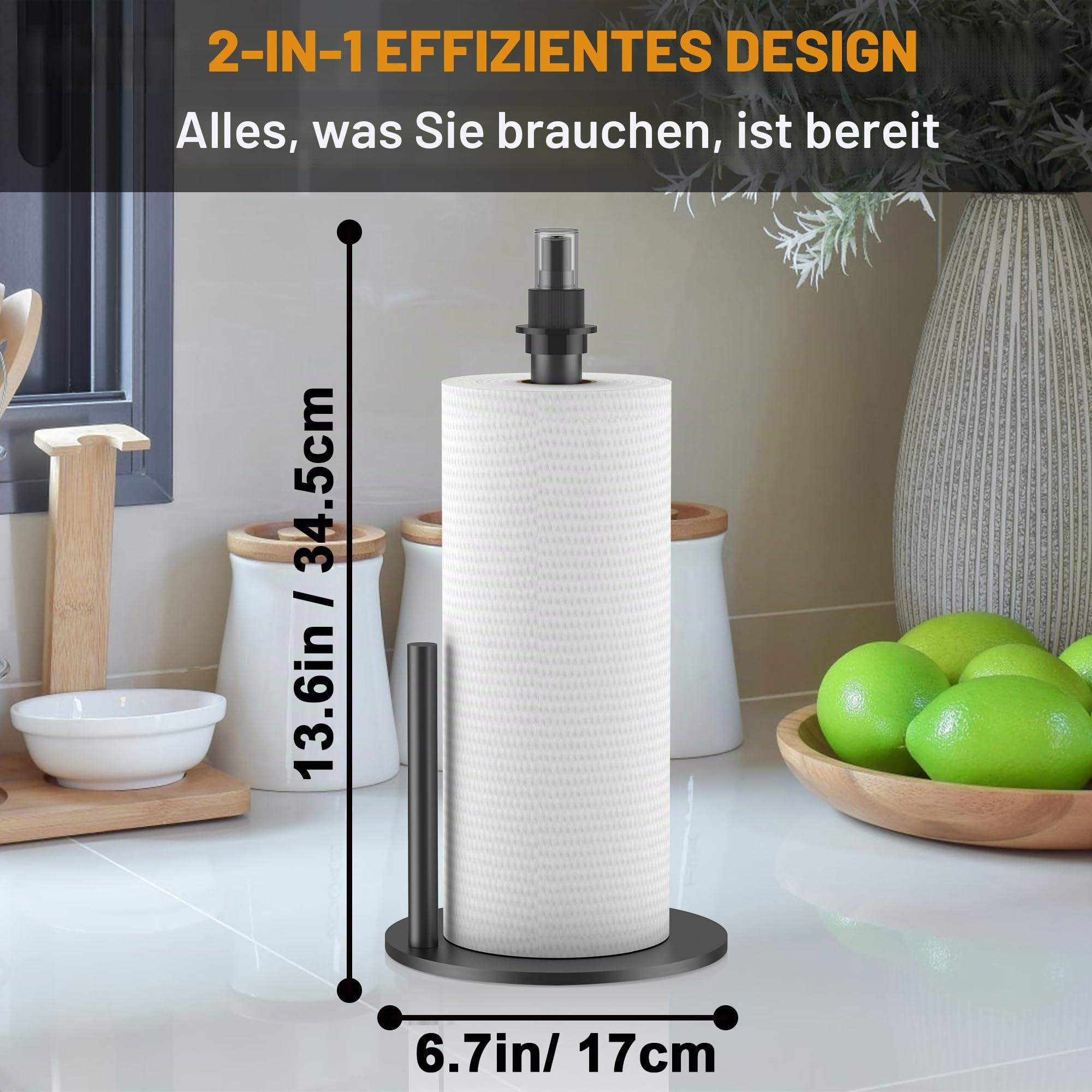 Papierhandtuchhalter mit Sprühflasche, Papierhandtuchspenderständer für die Arbeitsplatte mit Sprüher in der Mitte, Papierhandtuchhalterständer aus Edelstahl mit Sockel - Silber