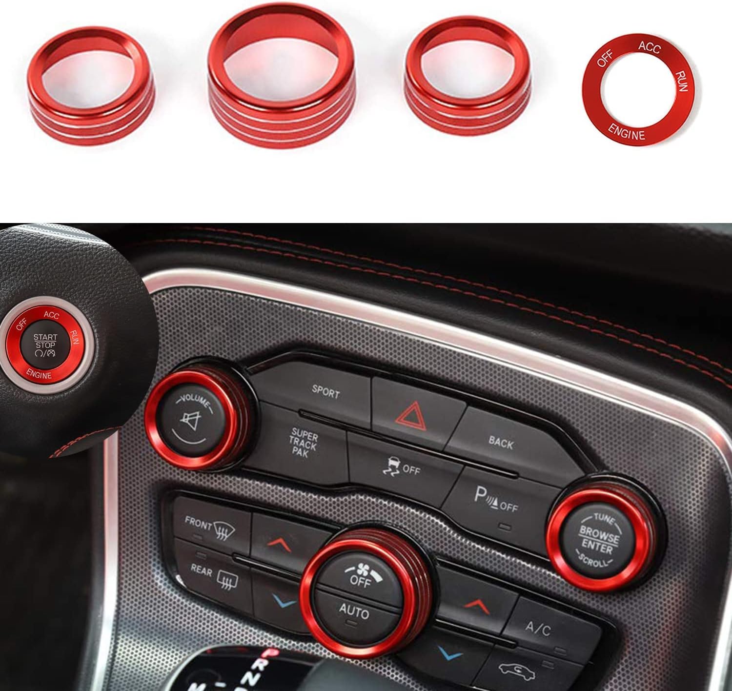 Keptrim Radio AC Knobs Engine Start Switch Button for 2015-2020 Dodge Challenger Charger Chrysler 300 300s, for 2012-2018 Ram, Red Aluminum, 4pcs