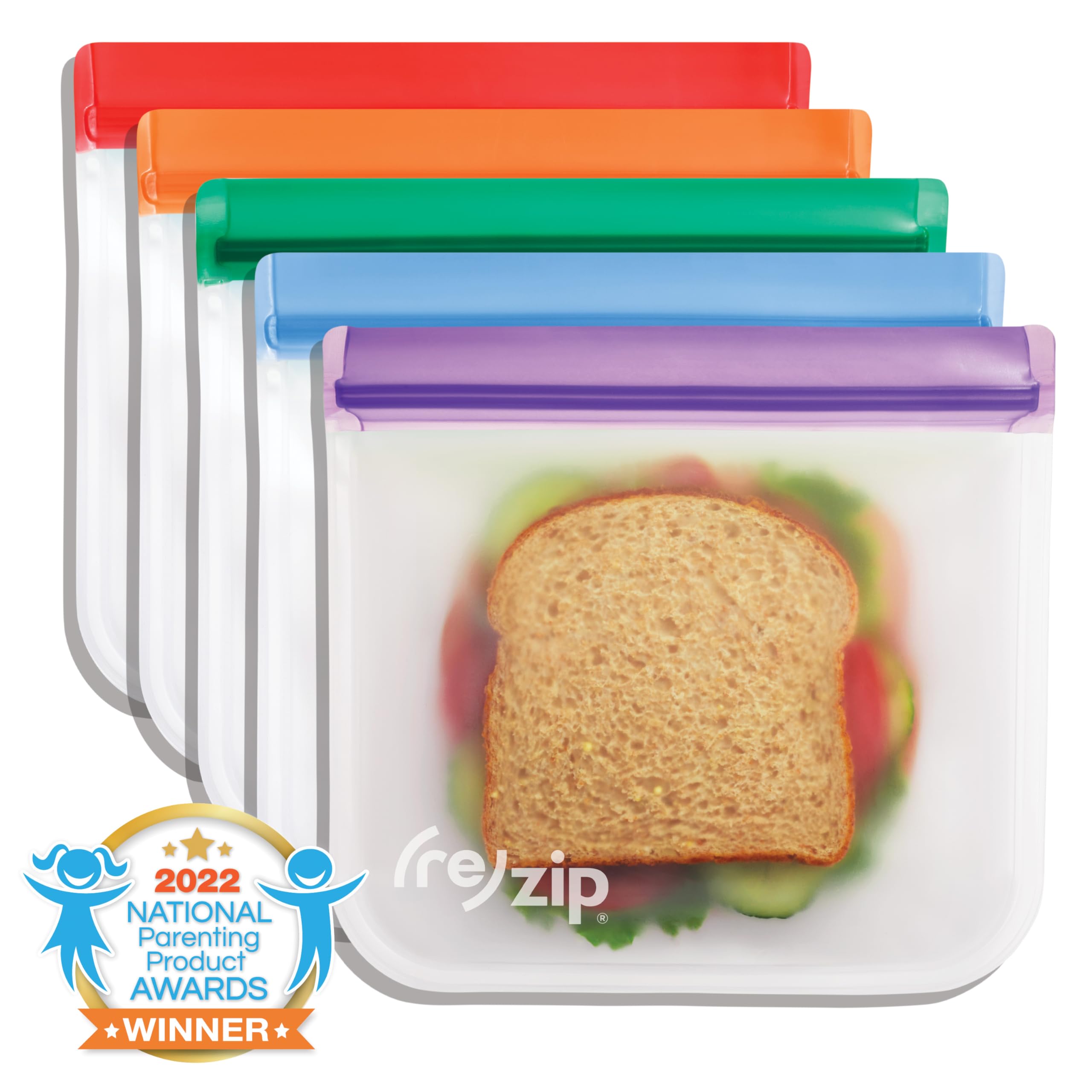rezip - Confezione da 5 sacchetti piatti riutilizzabili per uso alimentare, senza BPA, a prova di perdite, adatti al congelatore, lavabili in lavastoviglie, adatti ai viaggi, (5) sacchetti per pranzo