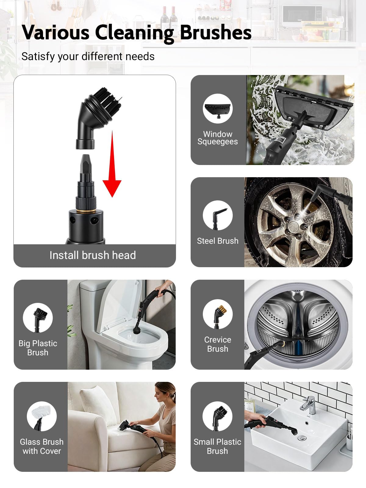 2500W Dampfreiniger Handgerät mit 6 Stufen Regelbar, 1200ml Wassertank, 105°C Hochdruckreiniger für Küche, Auto, Polster & Klimaanlage, 10s Schnelle Aufheizung, 11-tlg. Zubehör-Set
