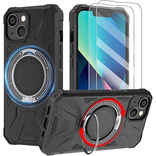 KSWOUS Magnetic Stand Case for iPhone 13, iPhone 14 with Screen Protector[2 Pack], [Compatible with MagSafe] Military Shockproof Cover Rugged Phone Case, Built in 360° Rotatable Ring Kickstand, Black