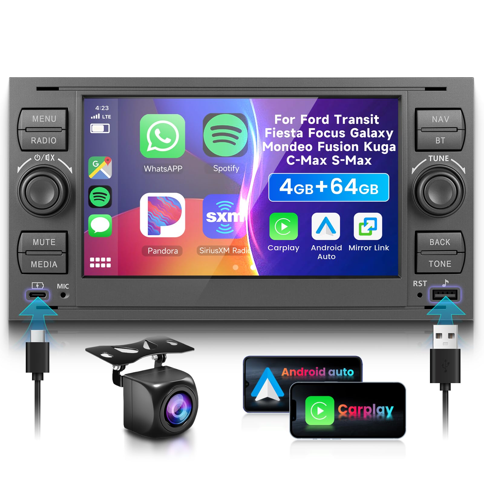 4G 64G VECHTEL 7"Autoradio Bluetooth per Ford Transit Fiesta Focus Galaxy Mondeo Fusion Kuga C-Max S-Max Carplay Android Auto,DSP EQ,Wifi GPS Navi,RDS/FM Radio 2 din con Retrocamera AHD