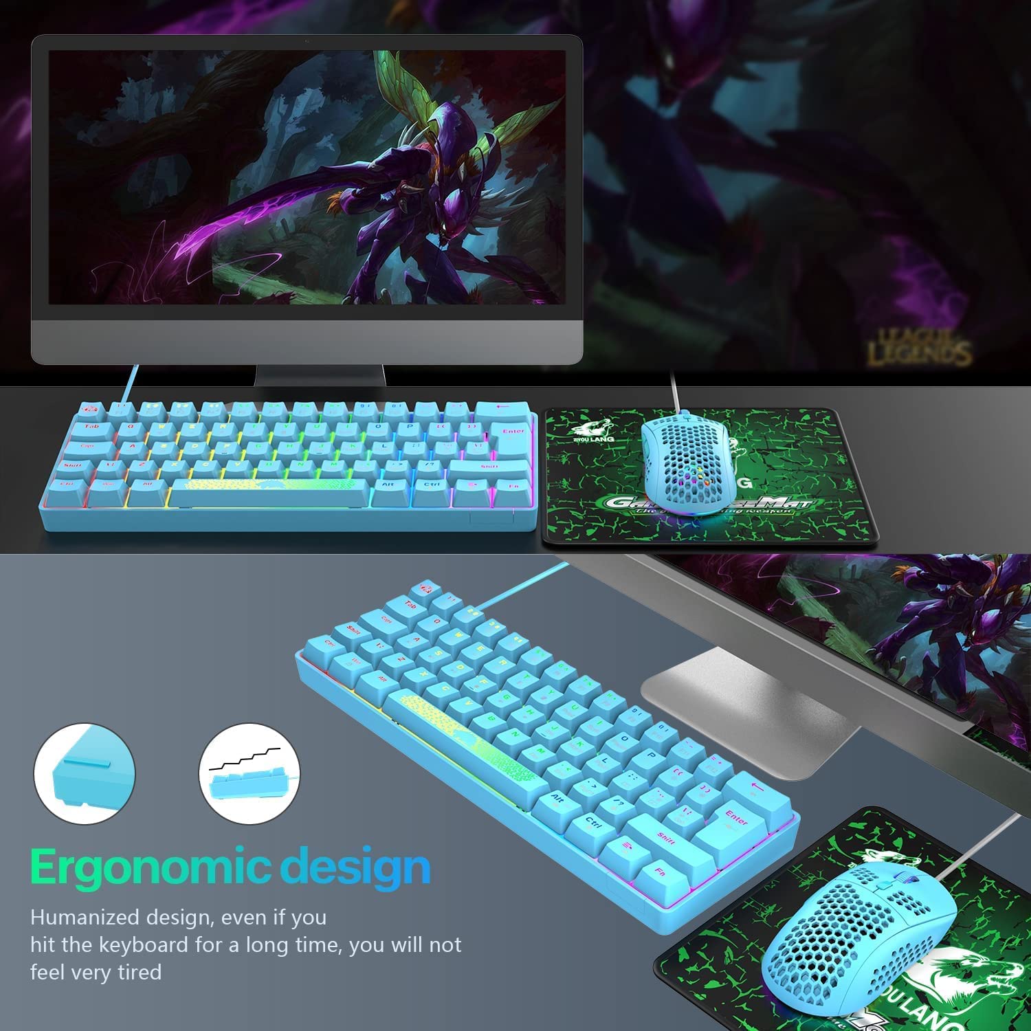 60% mechaniczna klawiatura, czerwony przełącznik, układ brytyjski, kompaktowy, 62-klawiszowy, USB C, efekty podświetlenia RGB, ergonomiczna klawiatura do gier, tęczowe podświetlenie LED, kompatybilna