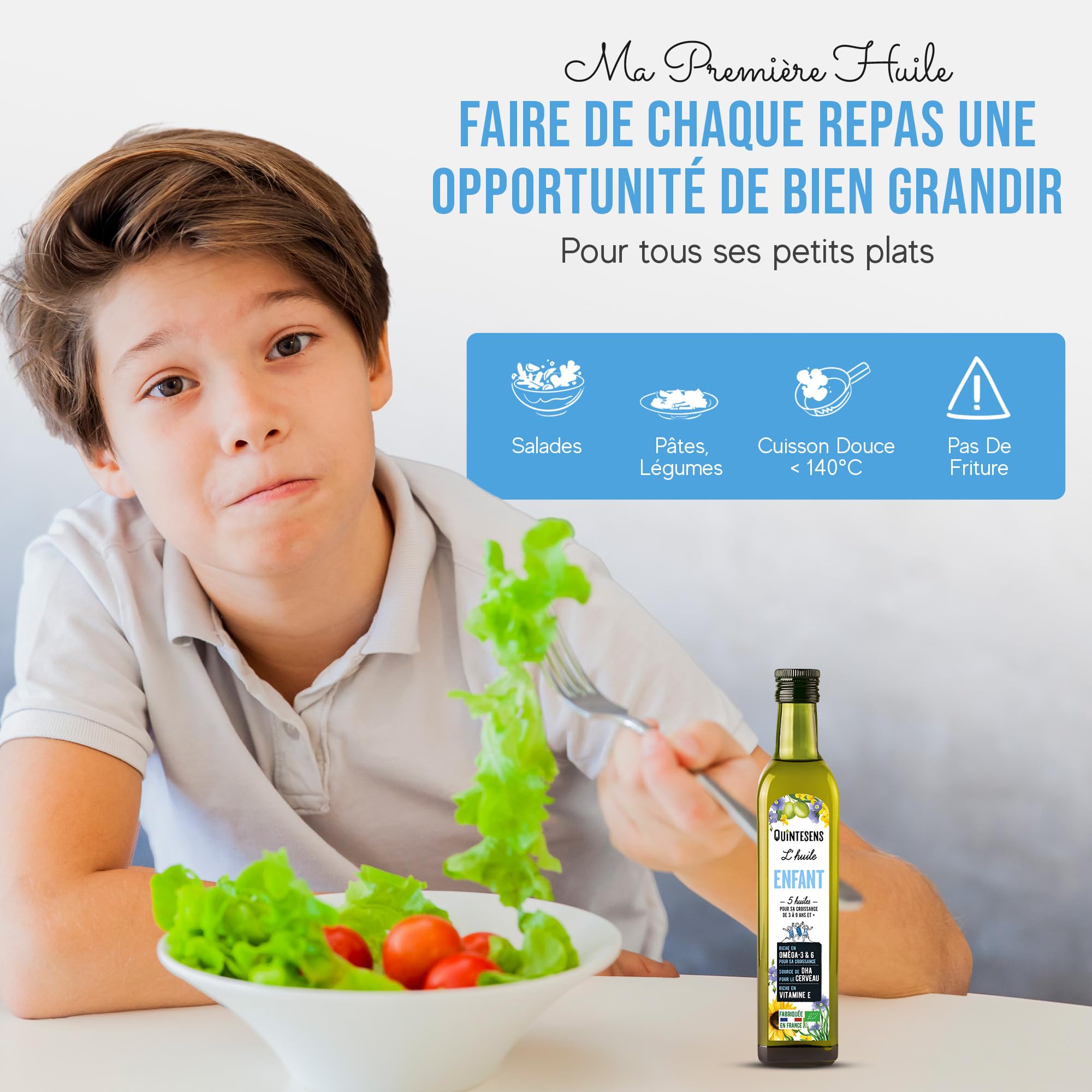 Lot 3 Huiles Enfant QUINTESENS 250ml - Apports en DHA, Oméga 3, 6 & 9 et Vitamine E pour un Développement Solide pour la Vie - Production 100% Française & Biologique