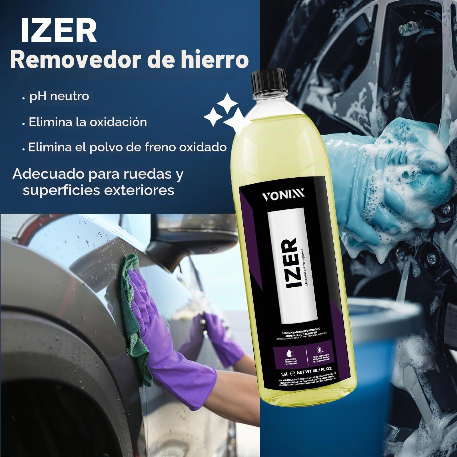 Vonixx Izer Descontaminante ferrico | Limpeza de jantes, Pintura e Motor, fórmula pH Neutro e sem ácido - Elimina óxido, pó de travões e partículas metálicas (1,5L)