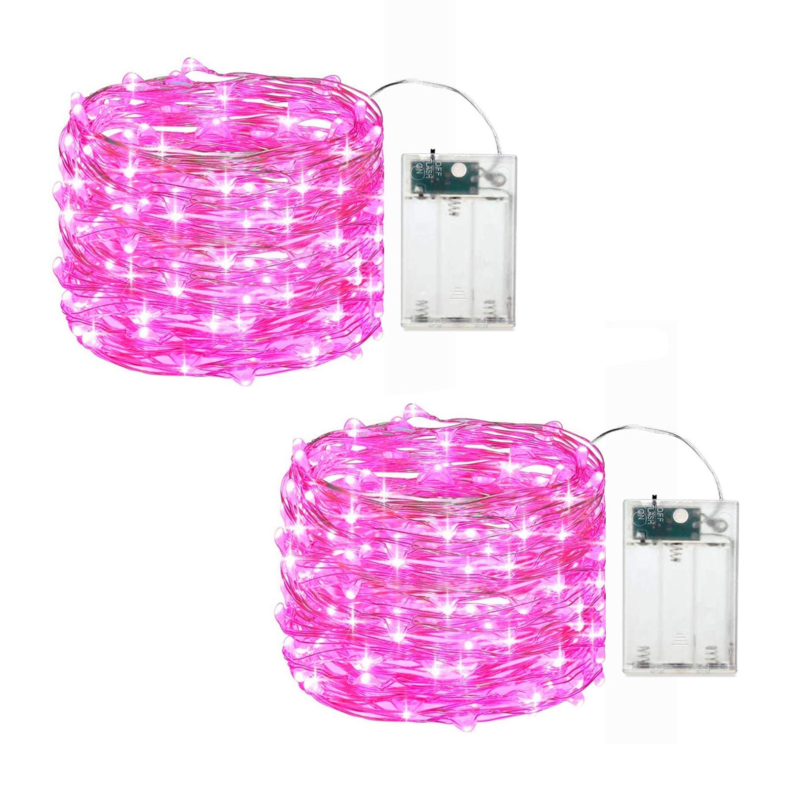 BAISALJI Battery Powered Led Wire Mini Strip Pink Color Twinkle Christmas String Rice Lights Outdoor, 2 Sets Each is 16.4 Feet Long 50 Lamp.(Pink)