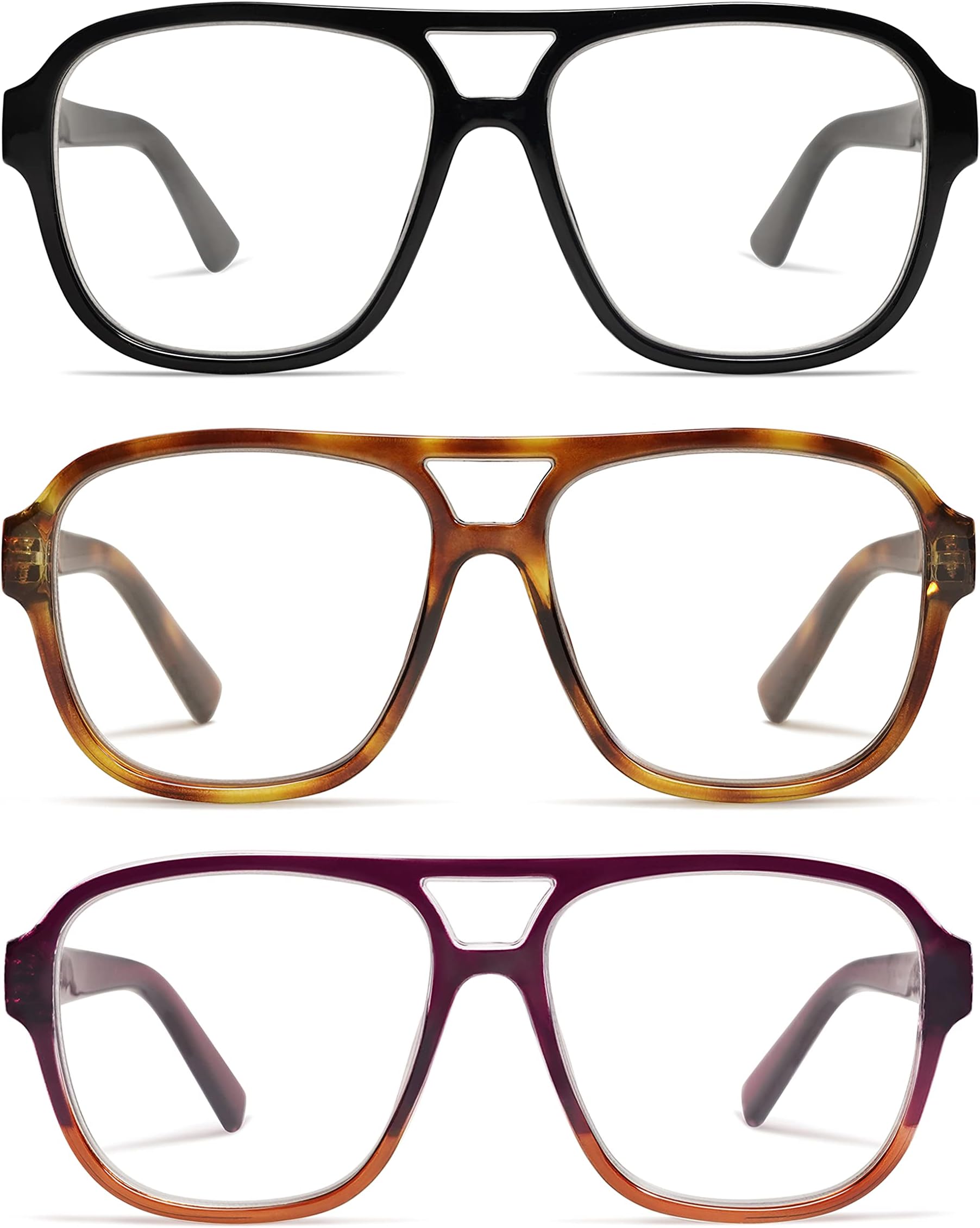 AMOMOMA 3 Pack Oversized Aviator Spring Hinge Reading Glasses for Women Men,Retro Blue Light Computer Reader Frame AM6081Carbonfree Certified