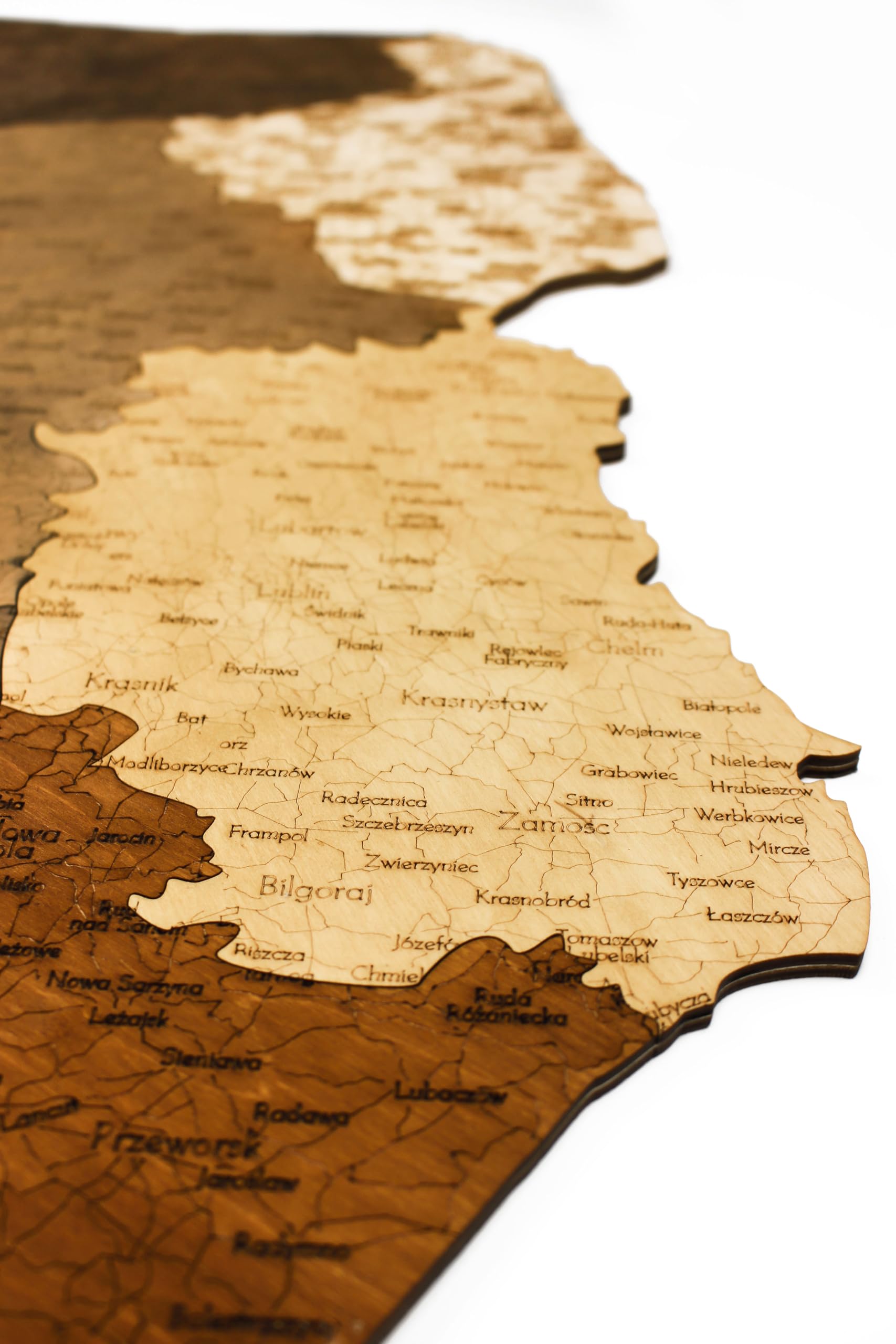 Drewniana mapa Polski na ścianę, puzzle 3D, dekoracyjna mapa z nazwami miast, dostępna w dwóch rozmiarach: 70x60 cm lub 88x75 cm (88 x 75 cm)
