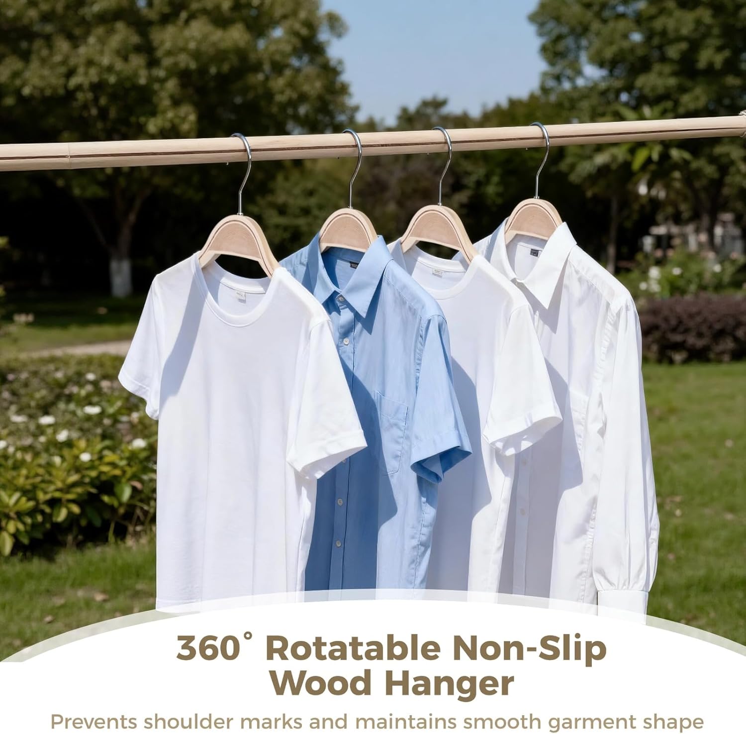 30 PCS Slim Natural Wooded Hangers with Extra Soft Non-Slip Rubber Grips - Curved Shoulder Design, 360° Rotatable Metal Hook Hangers for Shirts Sweaters Jackets Dresses