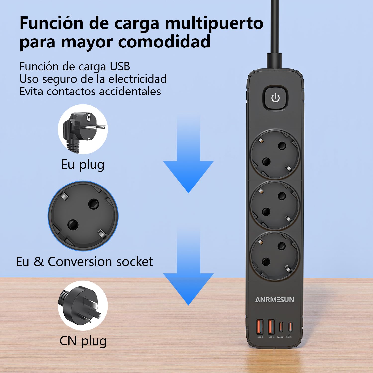 ANRMESUN Regletas Enchufes con 3 Tomas y Interruptor, Enchufe Múltiple de Carga 2 USB A y 2 USB C (PD 20W), Protección Sobretensión, Cable 1.9m, Ideal para Viajes y Hogar — view 5