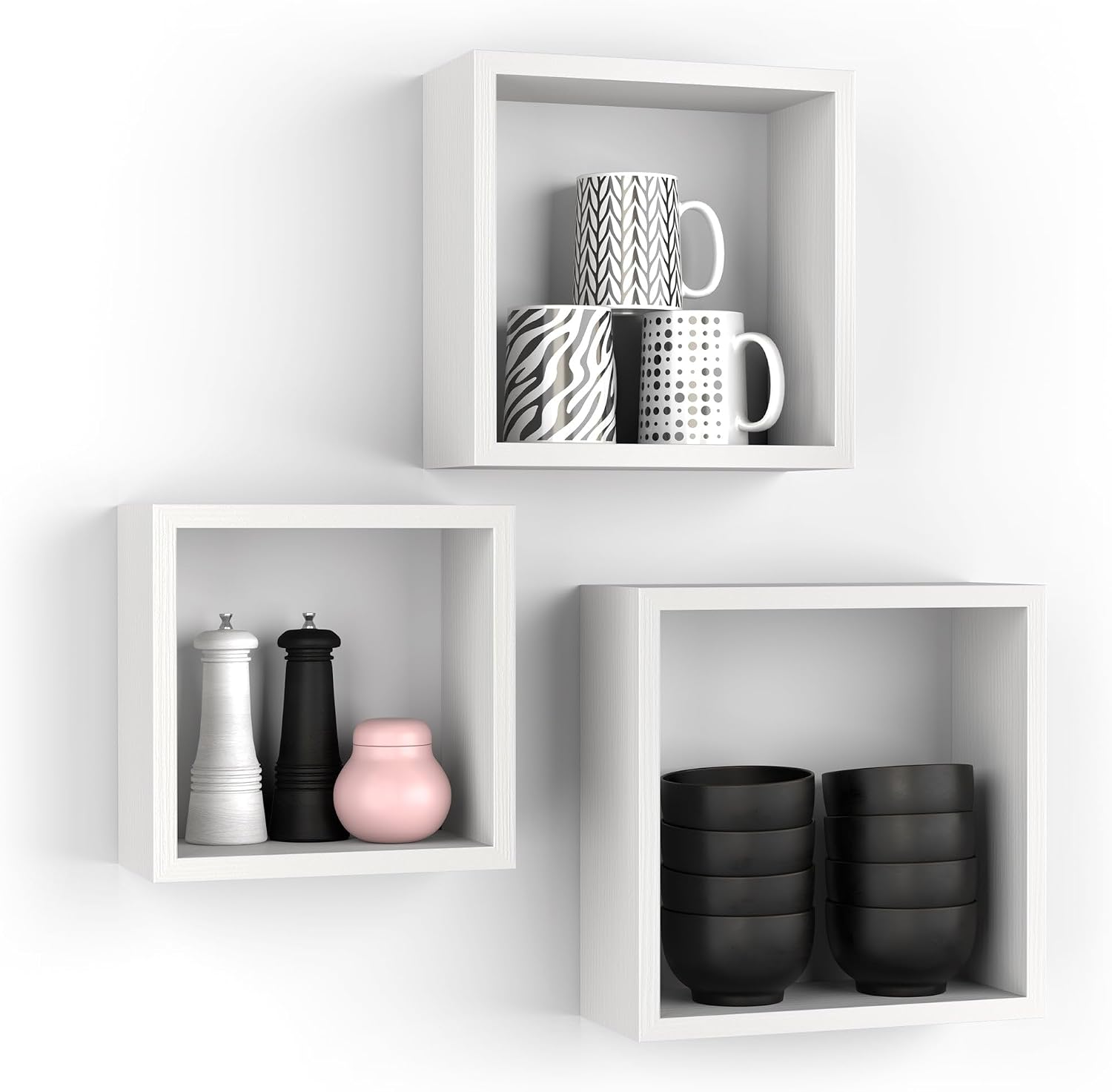 Mobili Fiver, Set of 3 Square Cube Shelves, Giuditta, Ashwood White, Made in Italy
