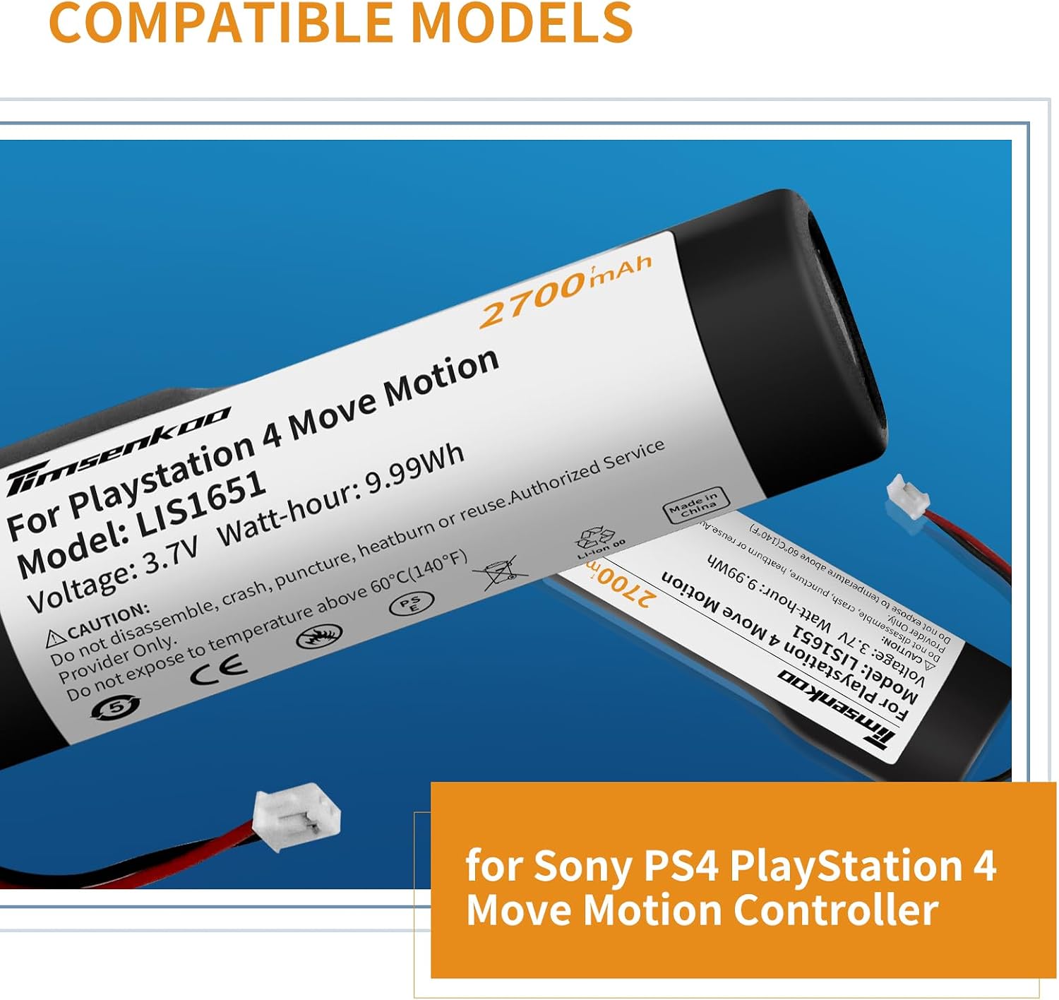 2 Pack Upgraded 2700mAh LIS1651 LIS1654 Battery Replacement for Sony PlayStation 4 PS4 Move Motion Controller Battery