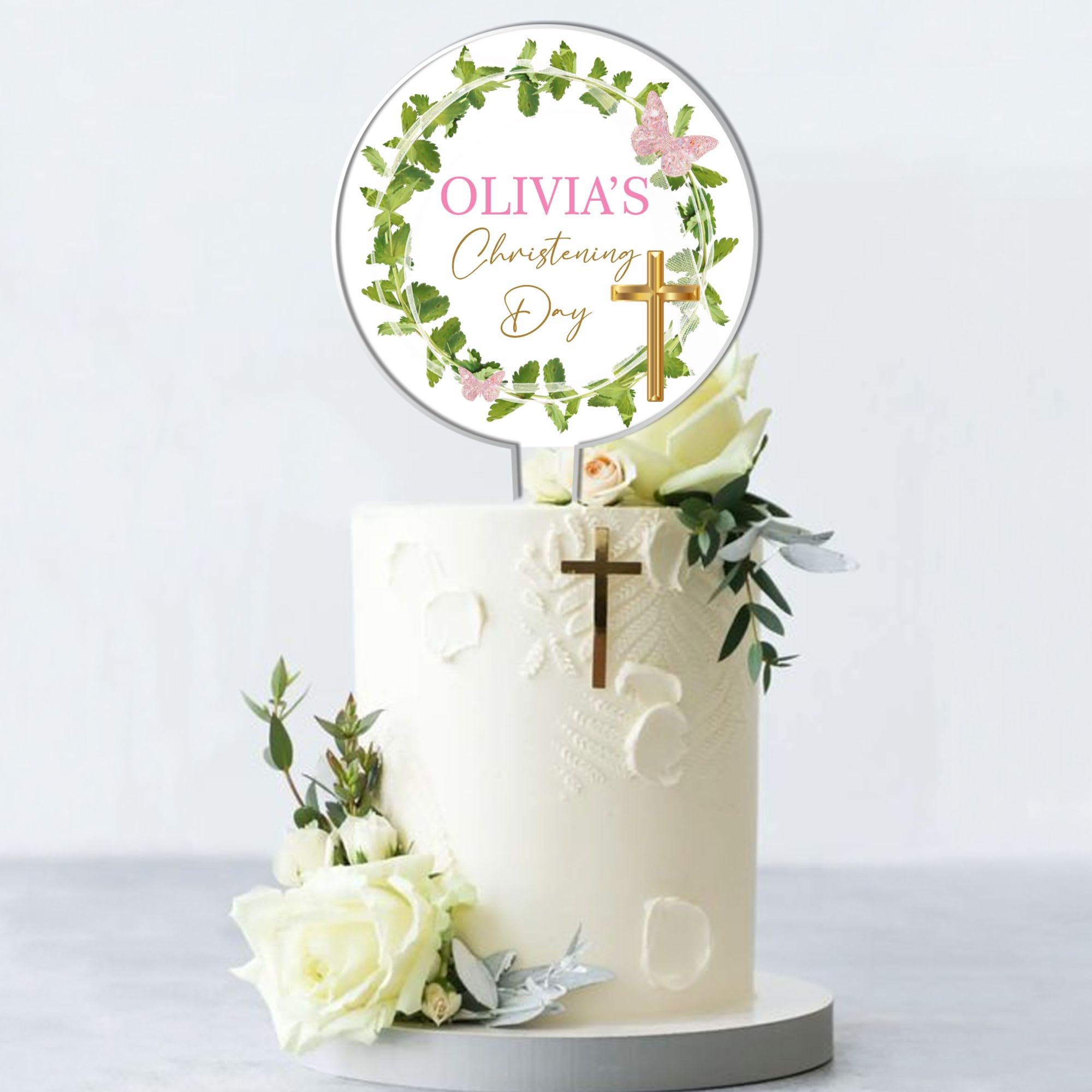 Personalised Acrylic Cake Topper for Christenings Confirmations Holy Communions – Custom Child’s Name & Date with Floral Wreath in 6 Designs (Christening Day, Green Wreath Pink Butterfly)