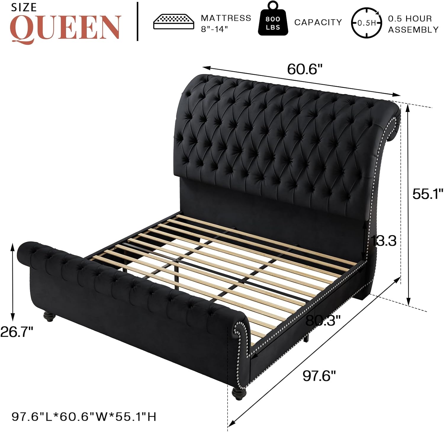 Jocisland Queen Size Sleigh Bed Frame, Velvet Upholstered Platform Bed with Scroll Headboard & Footboard, Button Tufted, No Box Spring Needed, Black
