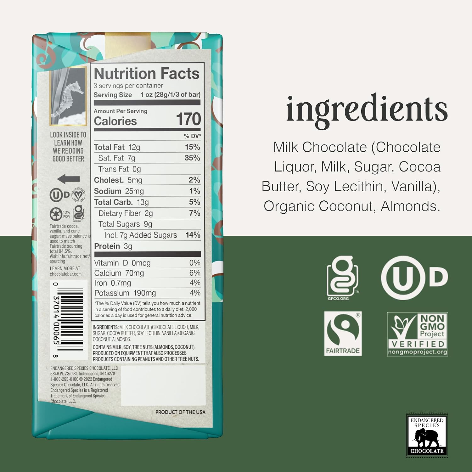 Endangered Species 48% Cocoa Coconut & Almonds Milk Chocolate Bar, Non GMO, 3 Ounces (Pack Of 12)