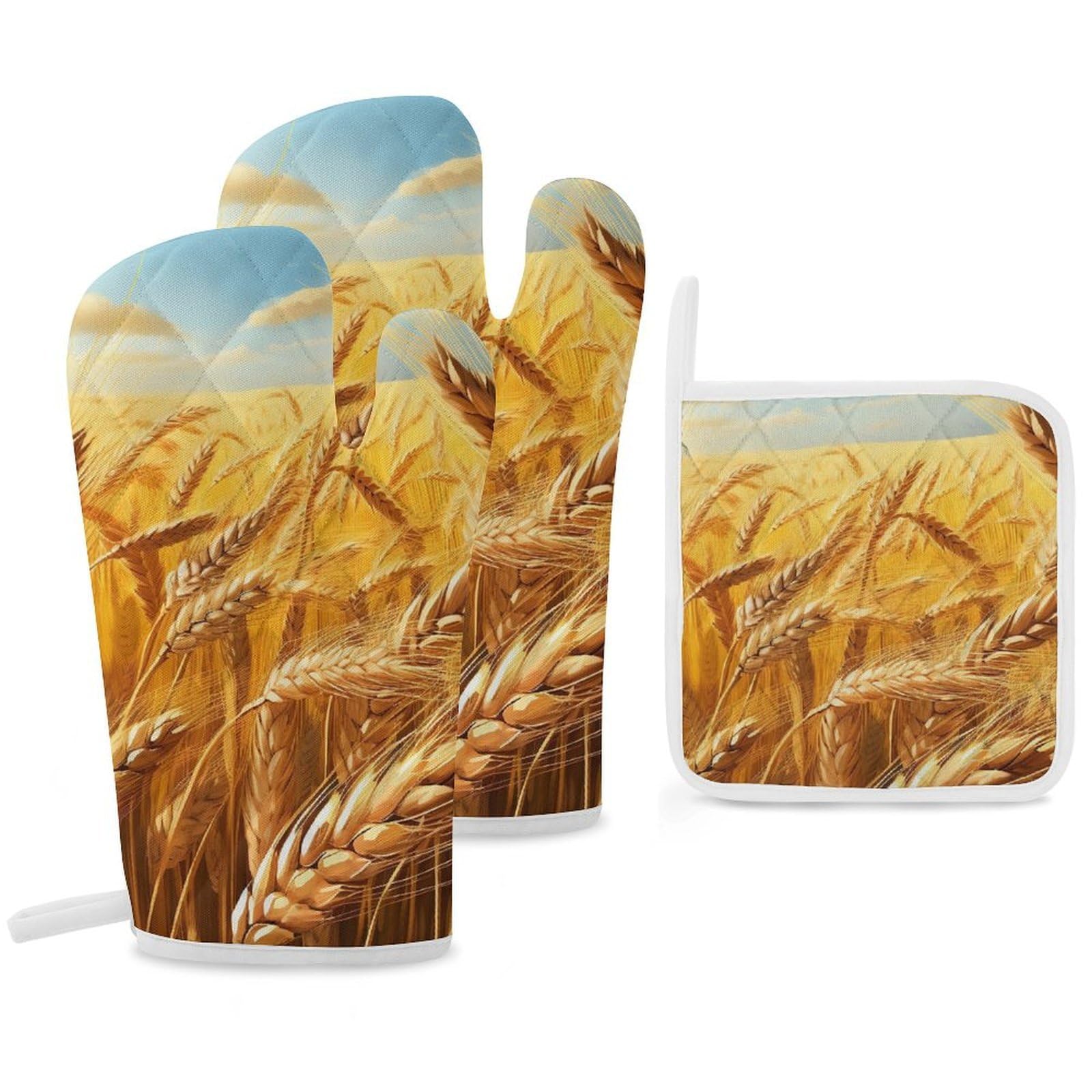 Oven Mitts And Pot Holders Sets of 3 Heat Resistant BBQ Gloves Golden Wheat Field Oven Mitts Gloves Non-Slip Kitchen Mittens Potholders for Cooking Baking Grilling BBQ Microwave