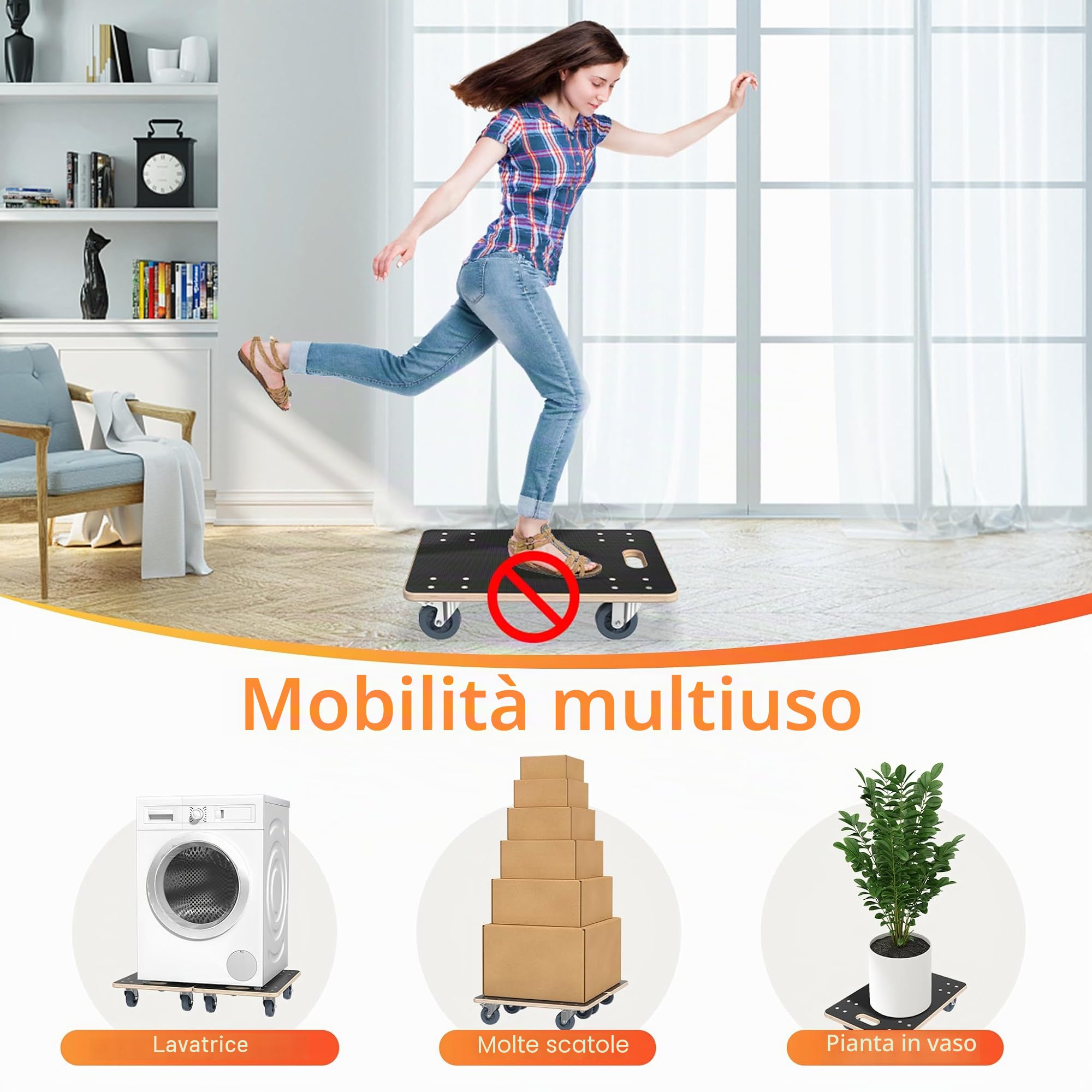 HENGMEI Carrello per il trasporto, 2 pezzi, con 2 freni di stazionamento, ruote in legno, per mobili, trasporto di mobili, 200 kg, portata per piattaforma con rullo a 360°, 600 x 400 x 145 mm