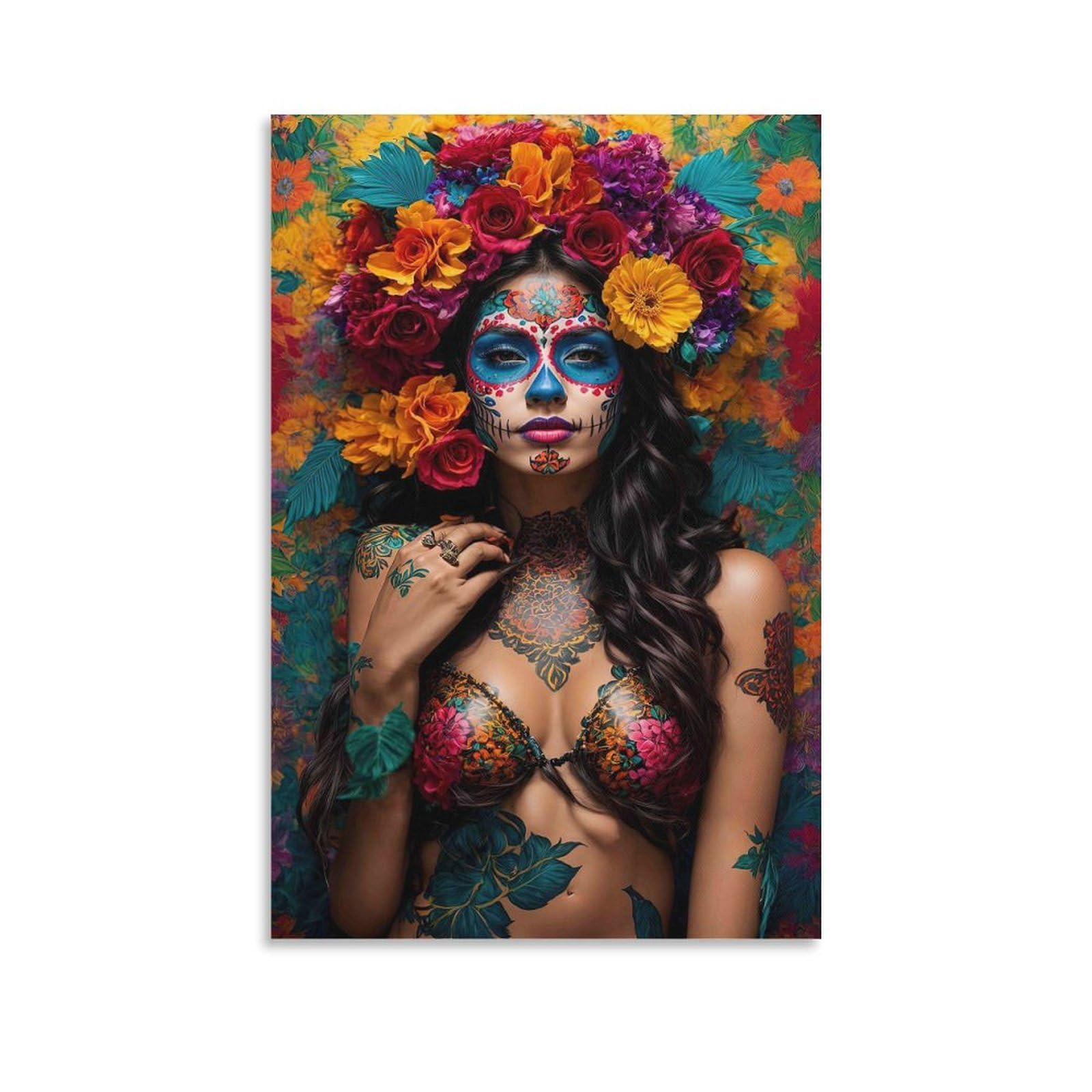 DHBANEIOK Day of Dead Woman Wall Decor Poster Giclee Canvas Prints Modern Wall Art Picture Wall Hanging for Home Decorations 24x36inch(60x90cm)