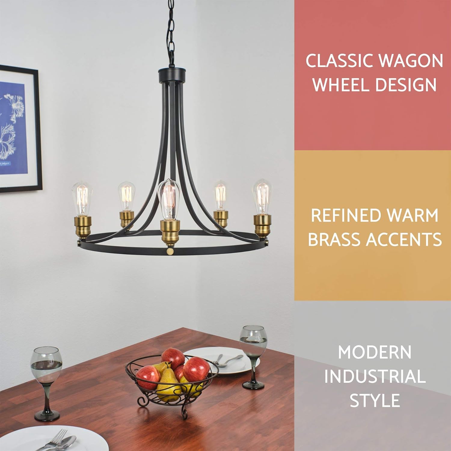 60% оƒƒ Dіѕсоunt Kira Home Manhattan 23 5-Light Farmhouse Wagon Wheel Style/Mid Century Modern Chandelier + Cylinder Honeycomb Shades, Warm Brass Accents + Black Finish