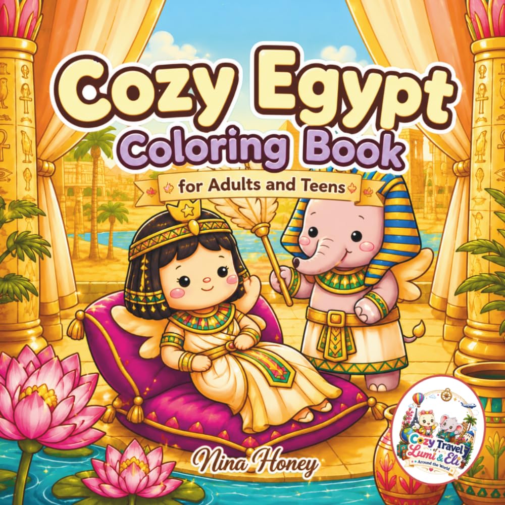 Cozy Egypt Coloring Book for Adults and Teens: Bold and Easy Fantasy Travel Scenes with Cute Characters, Ancient Egypt Adventures, Cozy Desert Moments ... (Cozy Travel of Lumi & Eli Around the World)