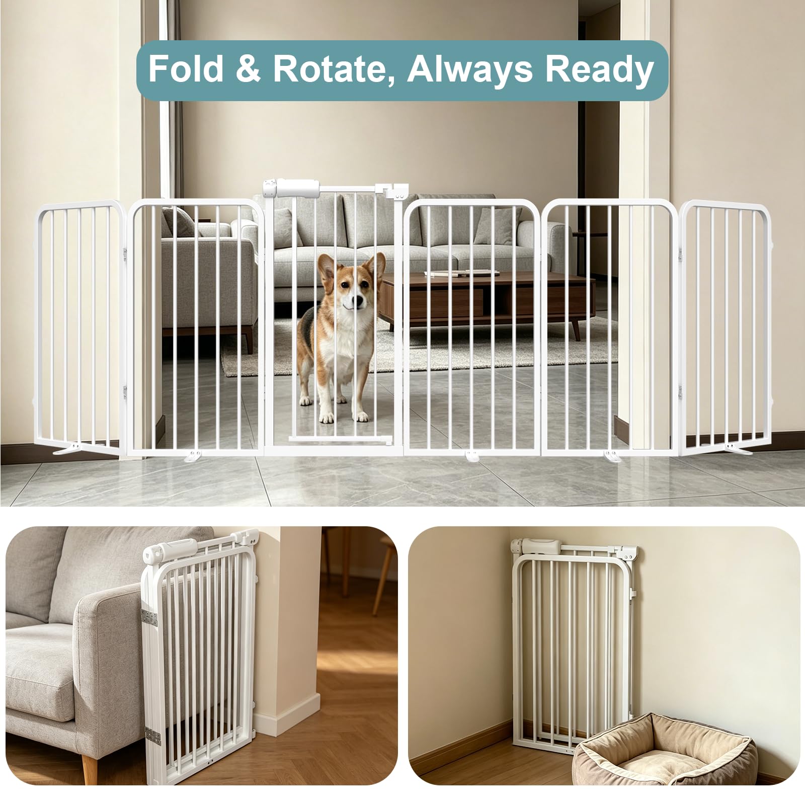 Xifamniy Freistehendes Hundegitter mit Tür, faltbarer Metallzaun, für drinnen und draußen, extra breit, 6 Paneele, 76,2 cm hoch, 274,4 cm breit, mit Stützfüßen für Türen, Weiß