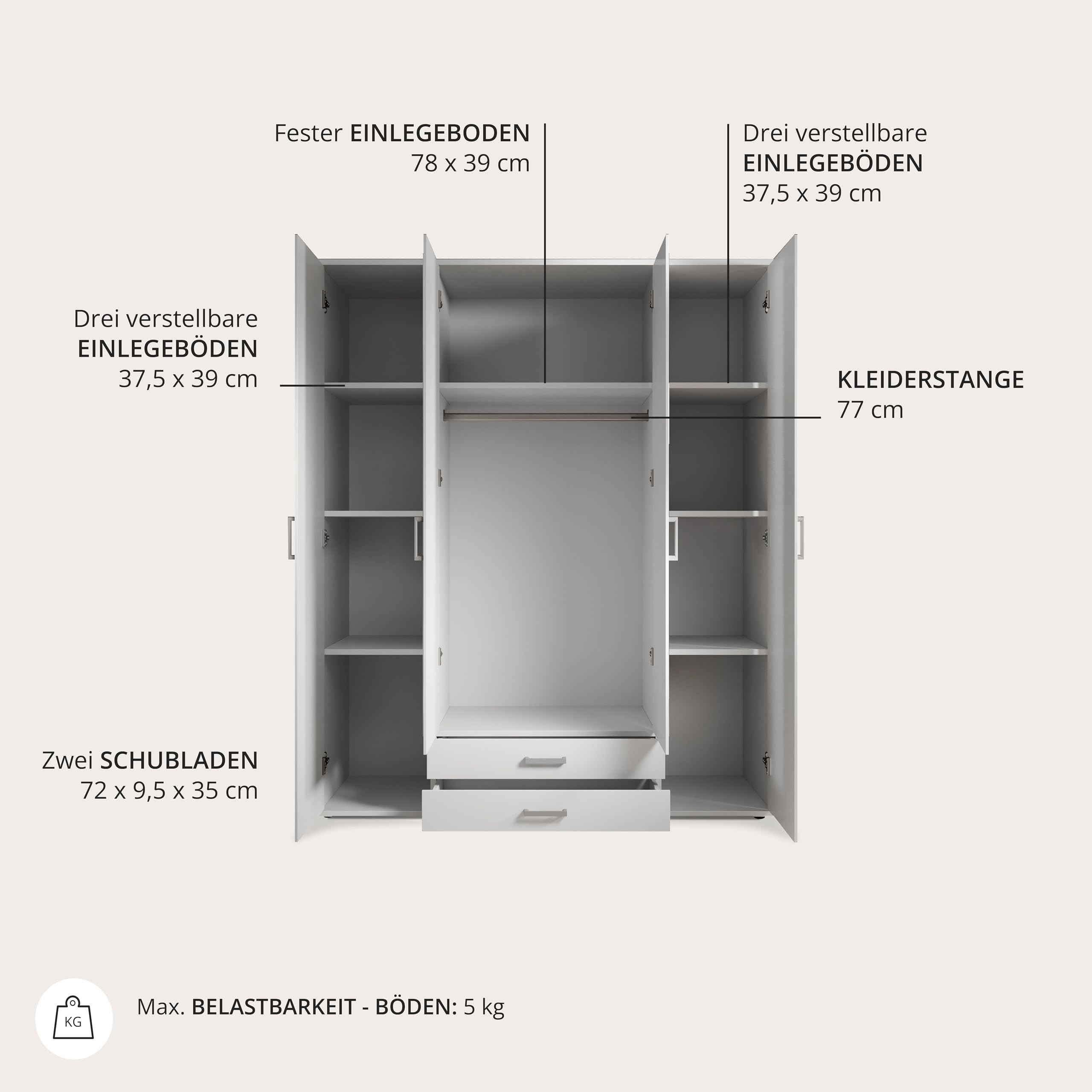 Stella Trading KARL Kleiderschrank 4-türig mit Spiegeltüren Schrank Weiß 160 x 196 x 54 cm – Bild 6