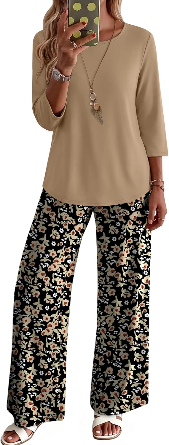 WIHOLL Two Piece Sets for Women Lounge 3/4 Length Sleeve Womens Tops Graphic Pants with Pockets Summer Outfits 2026