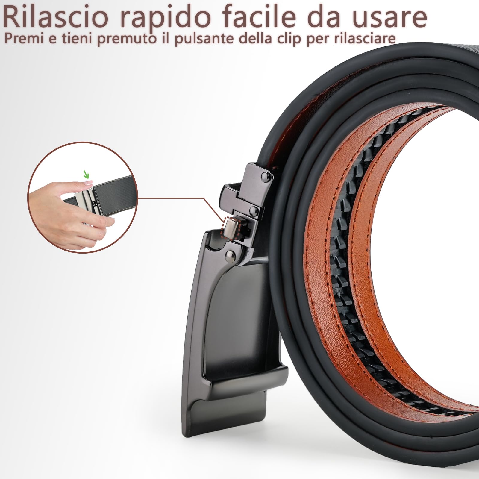 FEFLO Cintura Uomo, Cintura Pelle con Fibbia Automatica cricchétto, Larghezza 35 mm,Taglia Regolata, Adatto per abbigliamento da lavoro e casual