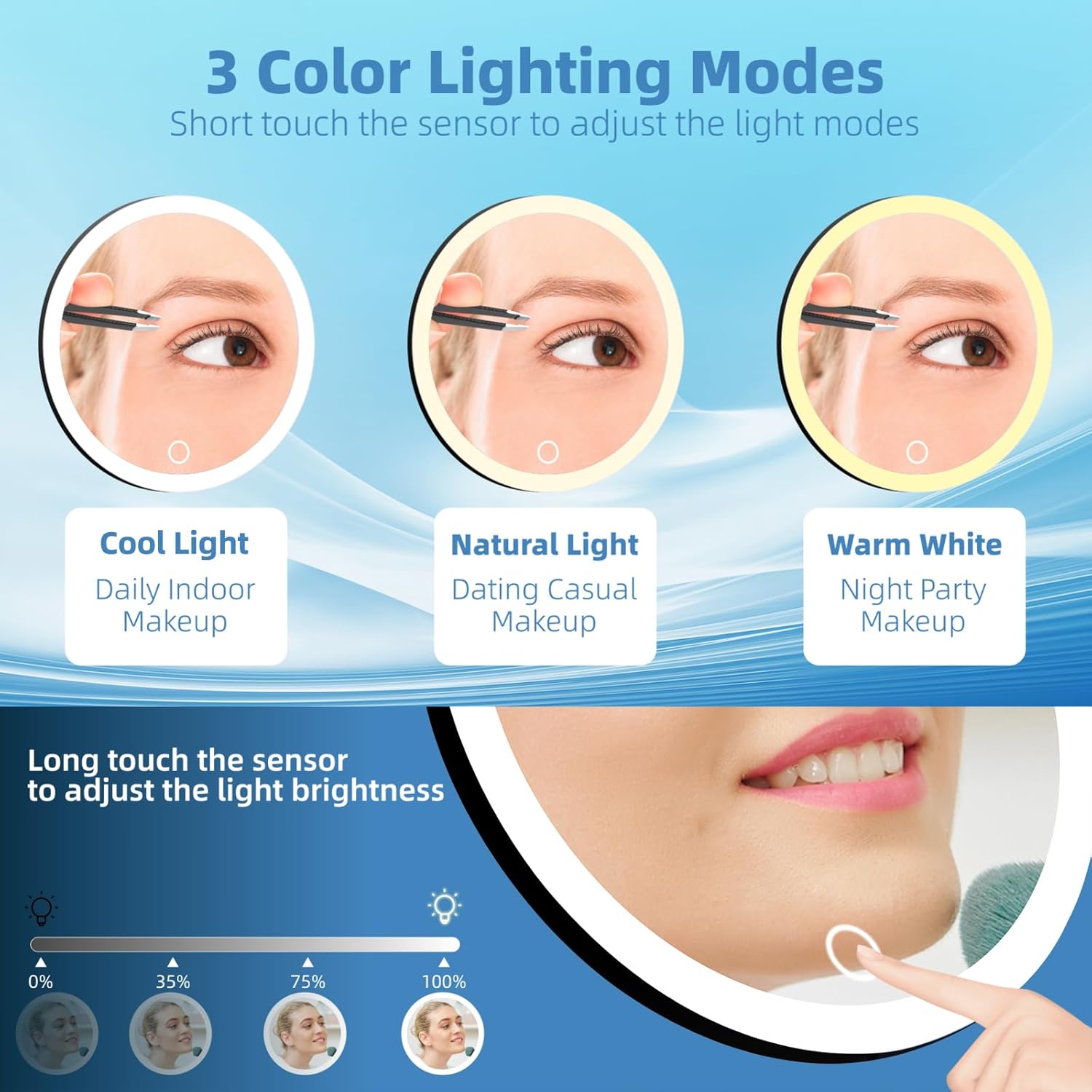 30x Lighted Magnifying Mirror with Suction Cups, Large 6'' Magnified Mirror with Light High Magnification Travel Makeup Mirror, Rechargeable Battery, 3 Colors Dimming Light, with Tweezers &Scissors