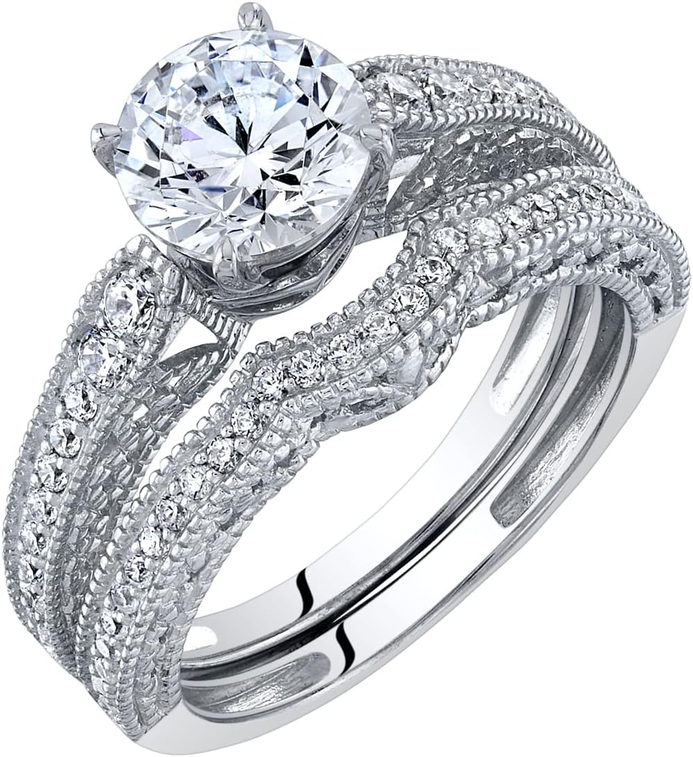 PEORA 1.50 Carats Moissanite Filigree Engagement Ring and Wedding Band Bridal Set for Women 925 Sterling Silver, Round Brilliant Shape, D-E Color, VVS Clarity, Size 8, Sparkling Bridal Ring Set,