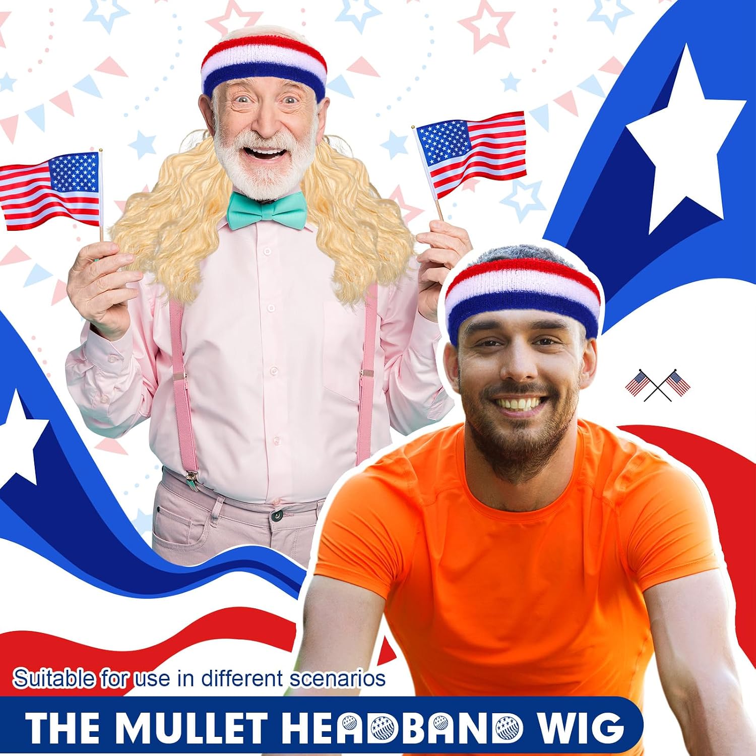 Giegxin 3 Pcs Mullet Wig for Men Patriot Day Headband Patriotic USA Headband Red White and Blue Accessories Veterans Day Wigs 250th Anniversary American Flag Sports Striped Sweatbands