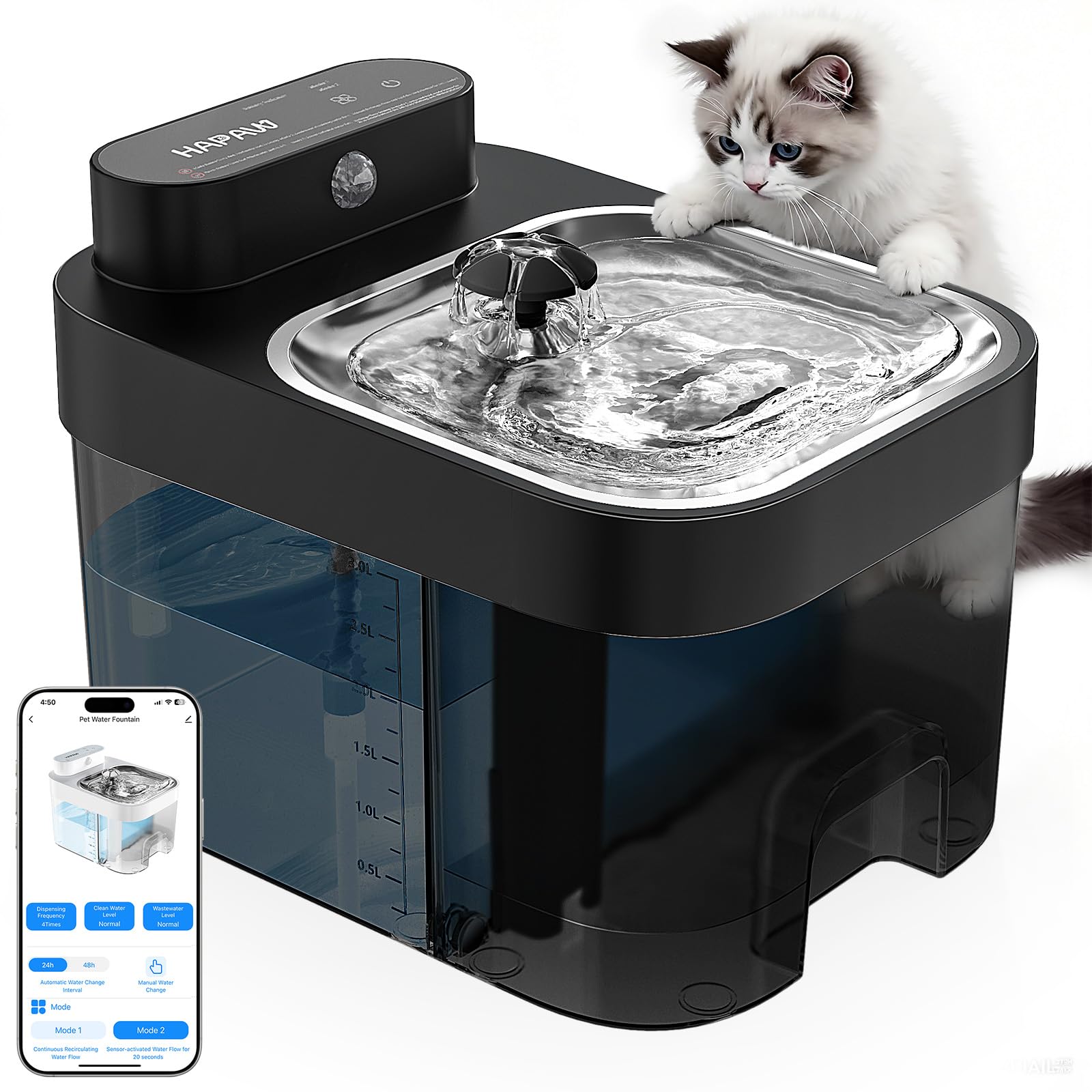 HAPAW 2026 Latest Cat Water Fountain, No Filter Cotton, App Monitoring Wastewater Separation Wireless Pet Fountain, 5000mAh Battery & Plug-in, 3L/101oz Water Dispenser for Cats Indoor, 2.4G Wi-Fi
